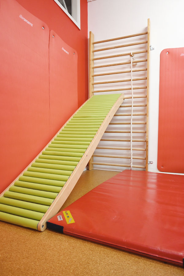 Sprossenwand mit Rollenrutsche und Matten
